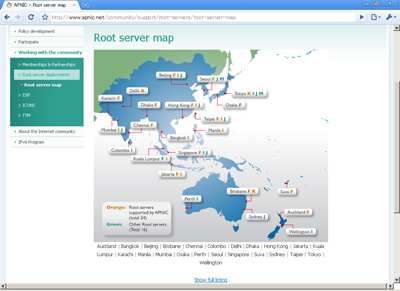 図6 APNIC Root server mapにある、アジア太平洋地域のDNSルートサーバ配置図