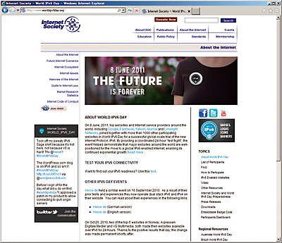 画面:World IPv6 Day開催を知らせるISOCのWebサイト
