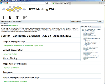画面:IETFではWikiによる情報提供も行われています