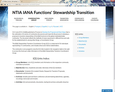 画面:● NTIA IANA Functions' Stewardship Transitionのwebサイト